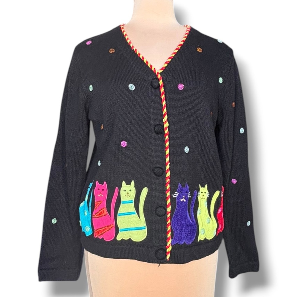 Berek Vintage Y2K Black Cat Applique Cardigan Beaded Whimsical Novelty Knit